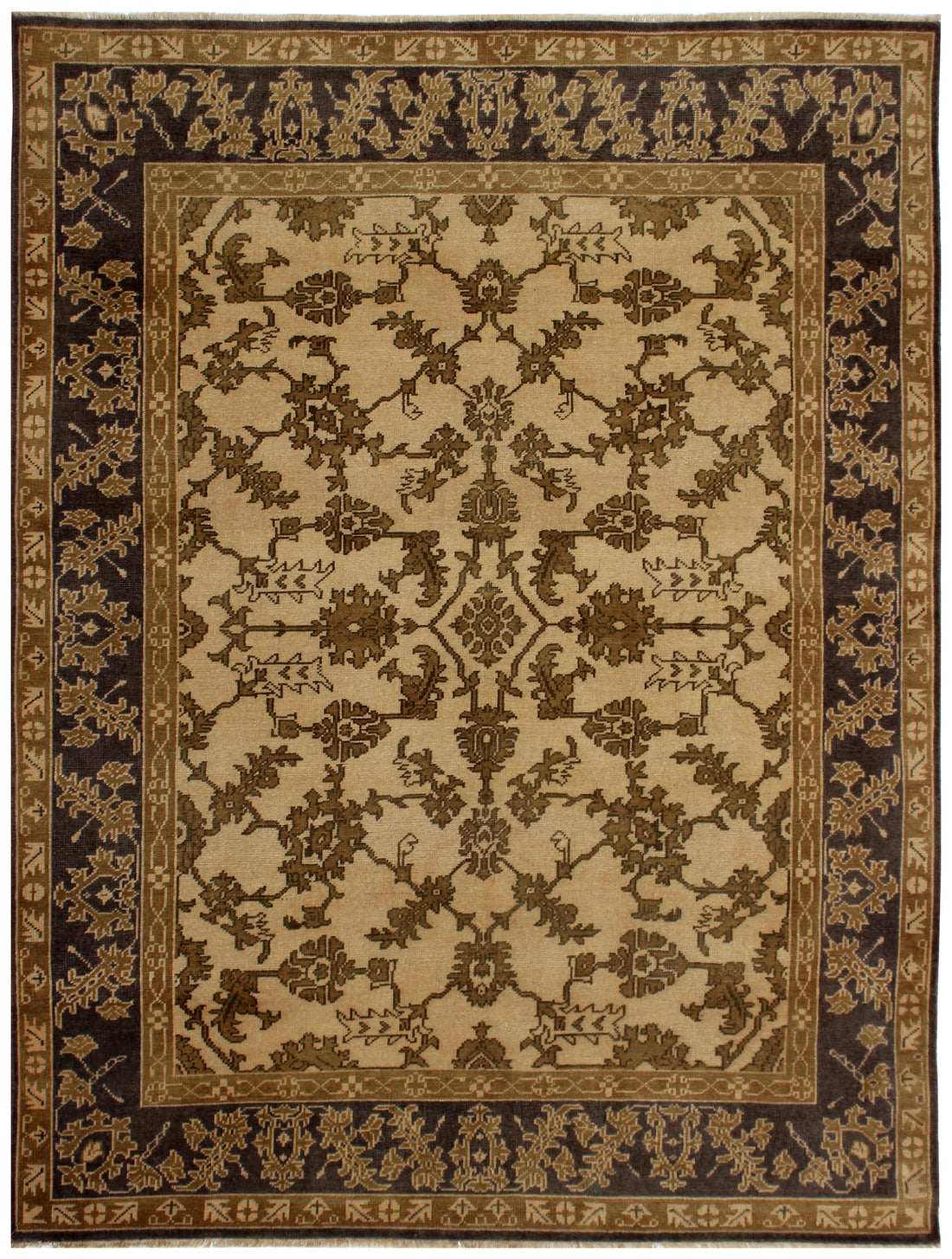 Antique style vintage Oushak hand knotted 8x10 wool area rug in beige and brown with all-over floral pattern
