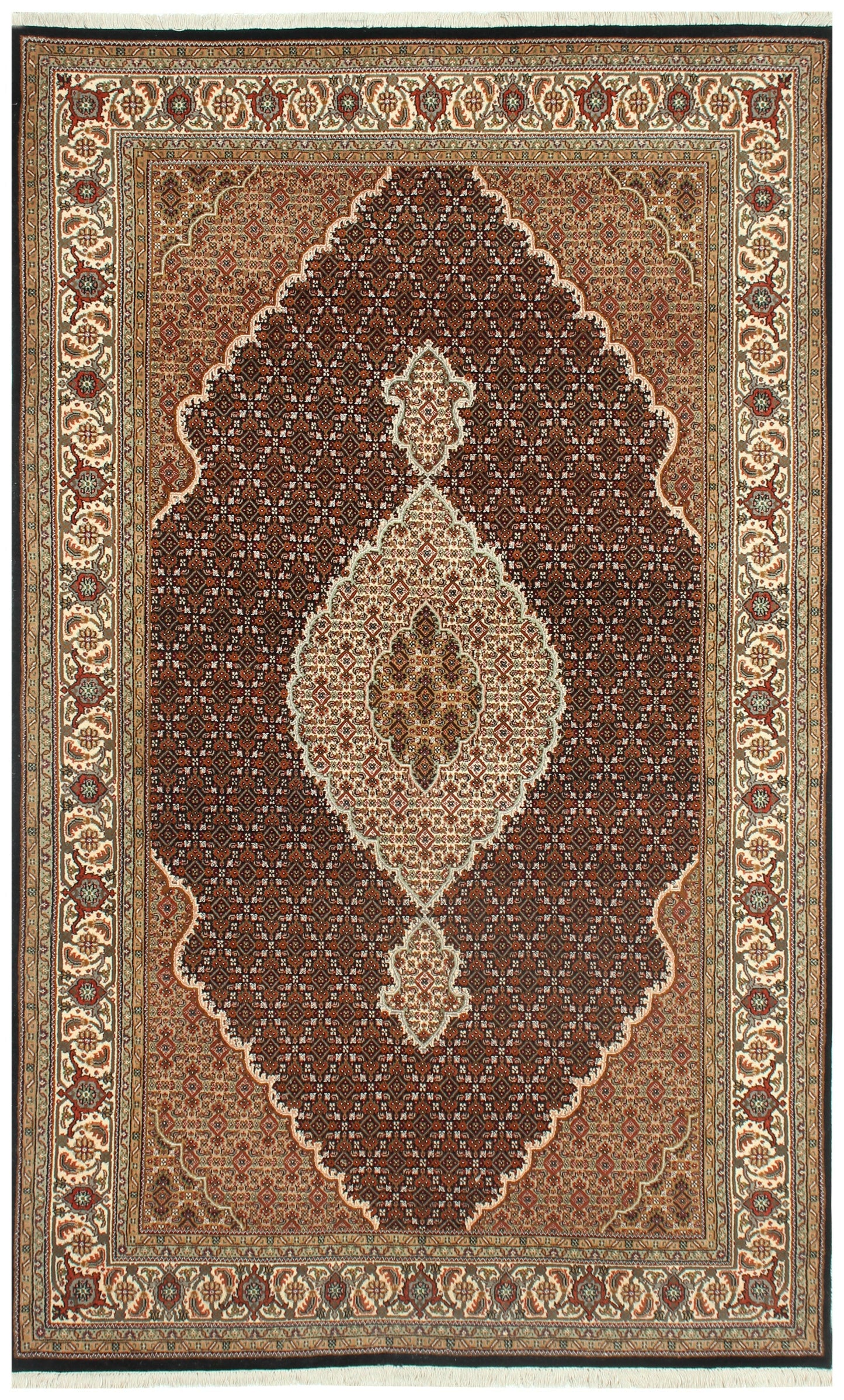 Traditional Heriz Fine Hand-Knotted Wool Rug 6x9 & 6x10 – Ivory, Brown, Rust & Gold Medallion Design.