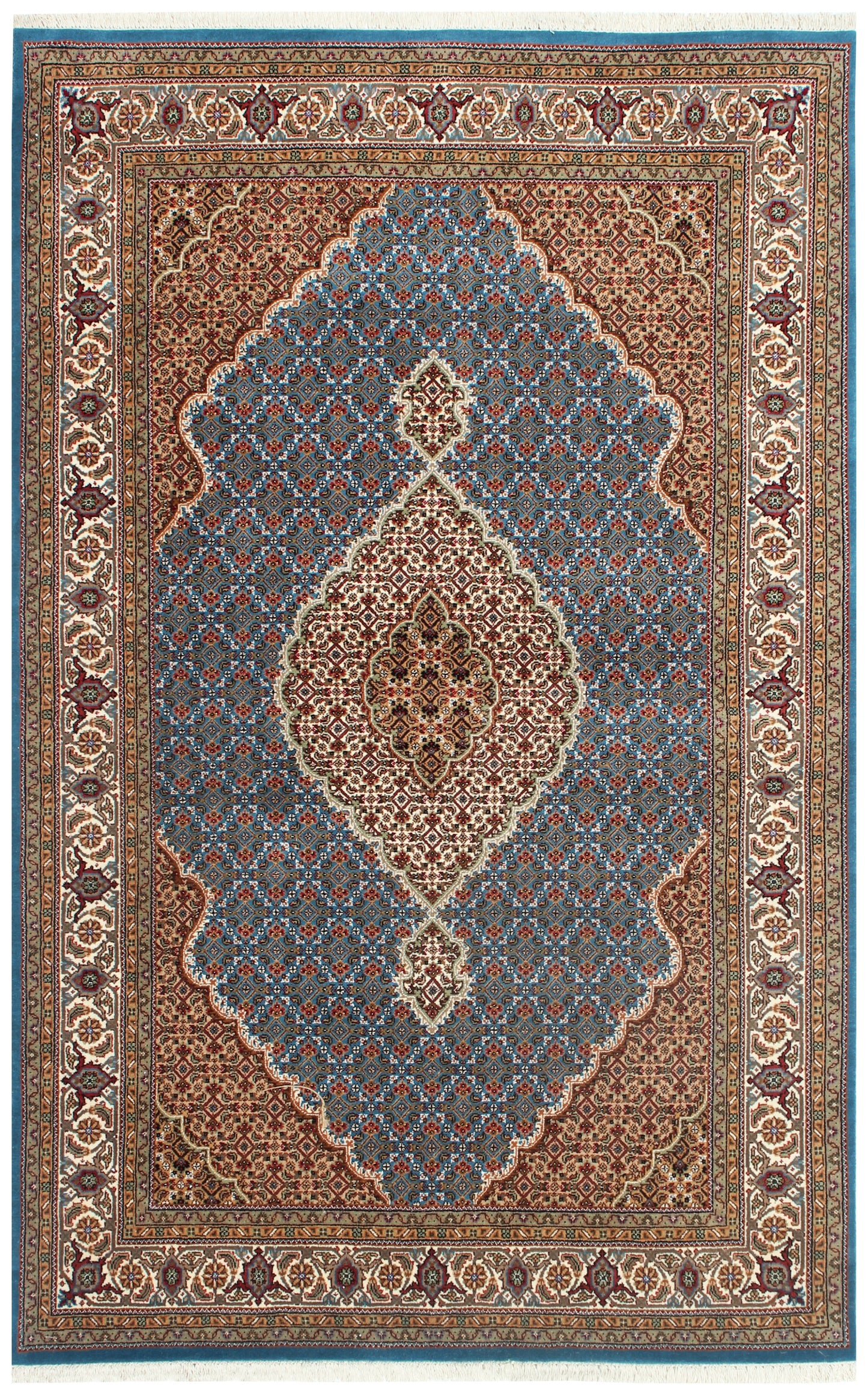Traditional Heriz Fine Hand-Knotted Wool Rug 5x8 & 6x9 – Ivory, Blue, Rust & Brown Medallion Design