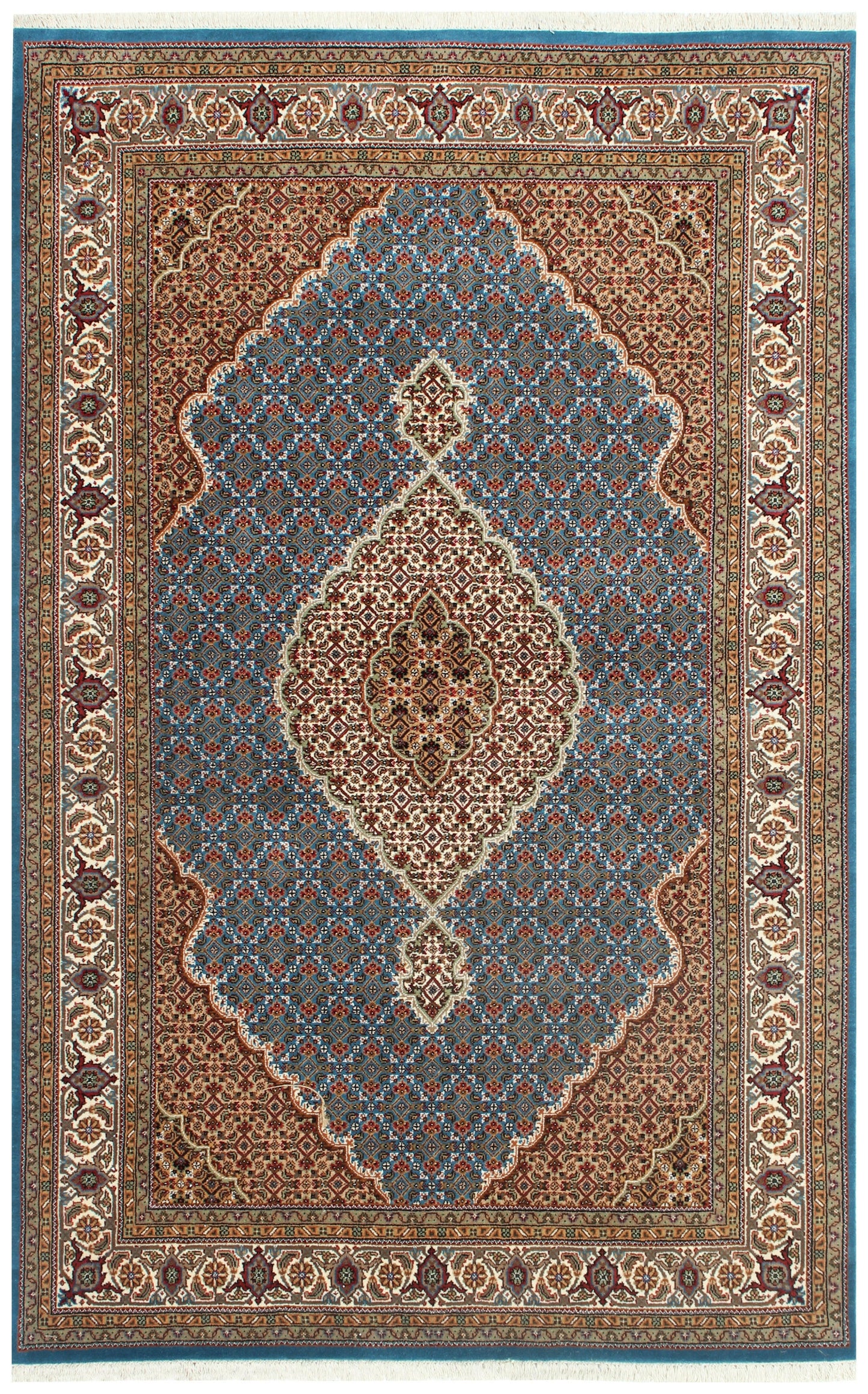 Traditional Heriz Fine Hand-Knotted Wool Rug 5x8 & 6x9 – Ivory, Blue, Rust & Brown Medallion Design.