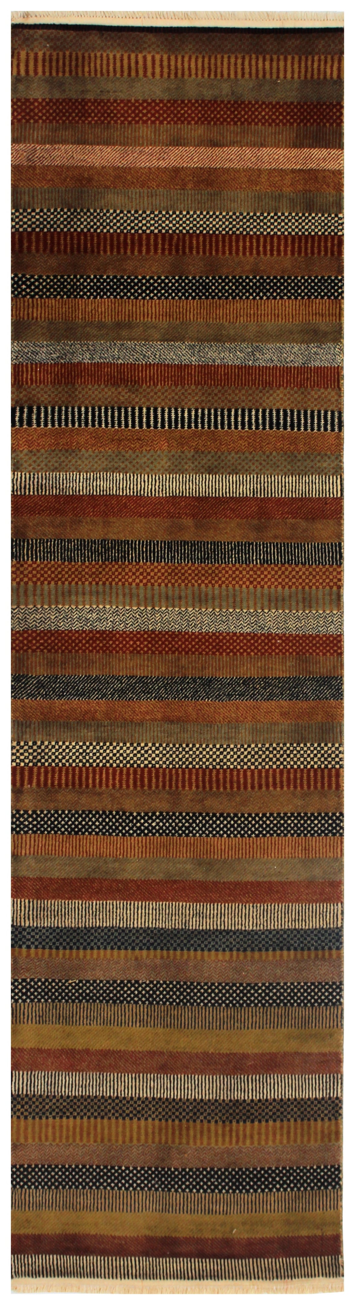 Multicolor Striped 3x16 and 3x10 Hand Knotted Wool Runner Rug.
