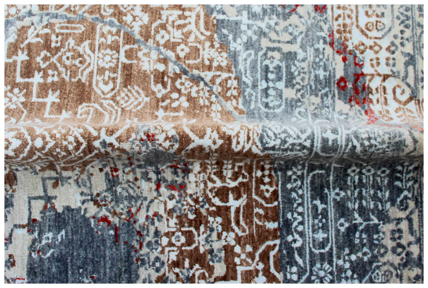 Grey Brown Red Swirl Medallion Distressed Hand Knotted Wool Viscose 85 KPSI 8x10 Area Rug