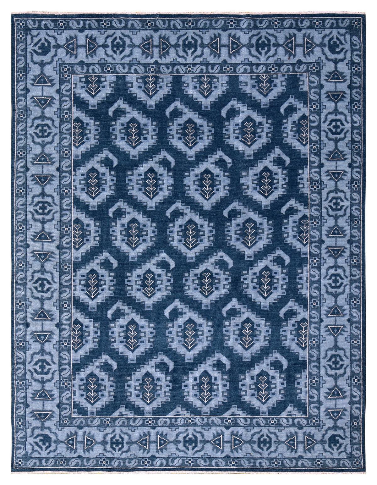 Navy Powder Blue Geometric Khotan Hexagonal Trellis Wool Hand Knotted Traditional 7x10 Area Rug