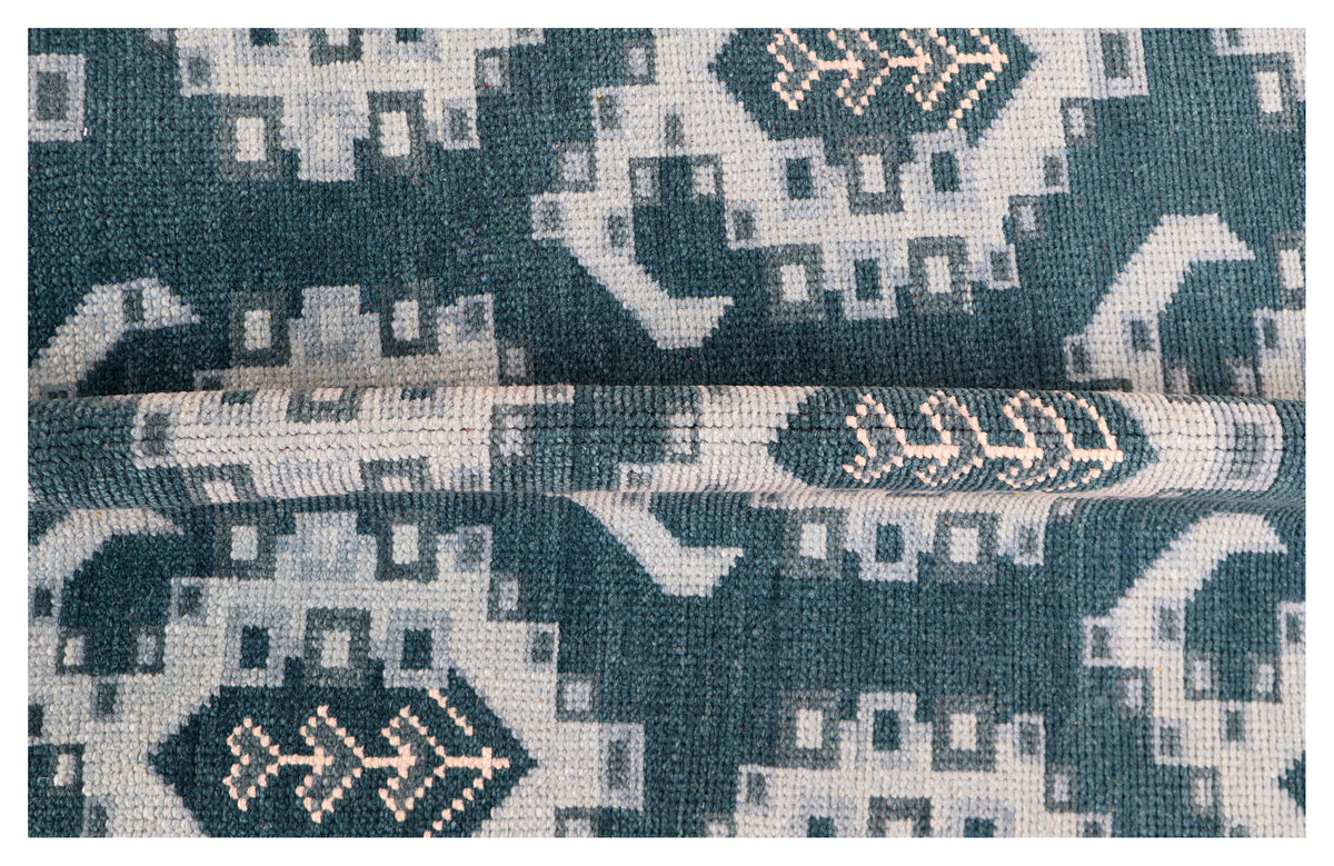 Navy Powder Blue Geometric Khotan Hexagonal Trellis Wool Hand Knotted Traditional 7x10 Area Rug