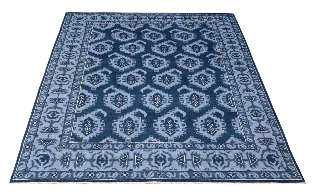 Navy Powder Blue Geometric Khotan Hexagonal Trellis Wool Hand Knotted Traditional 7x10 Area Rug
