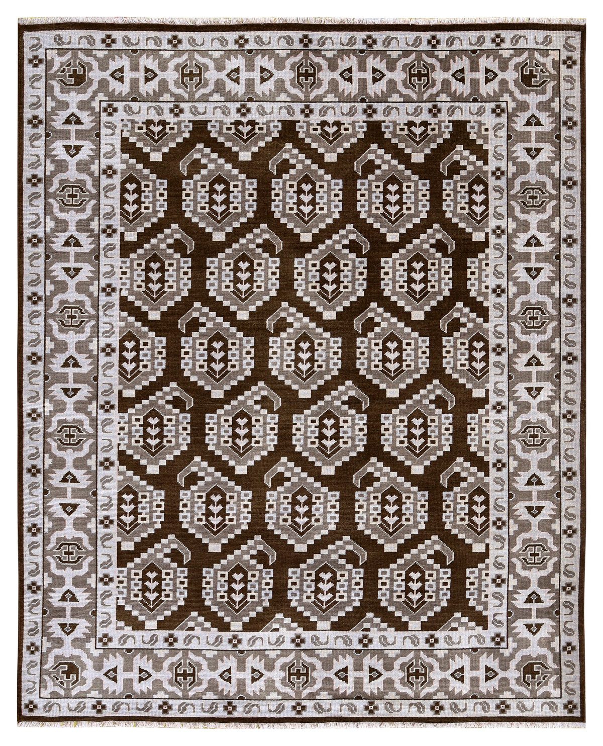 Brown Ivory Tan Geometric Khotan Hexagonal Trellis Wool Hand Knotted Traditional 8x10 Area Rug