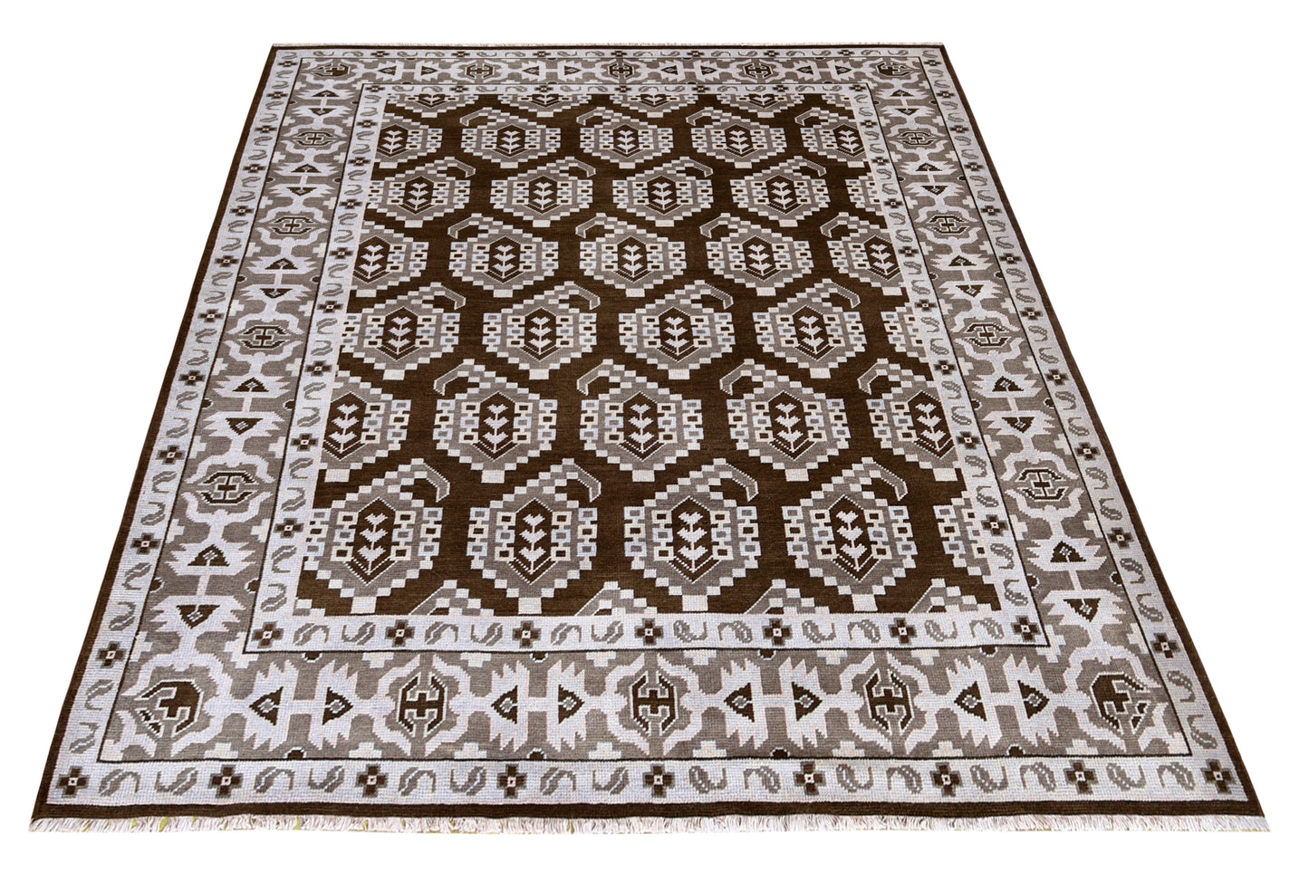 Brown Ivory Tan Geometric Khotan Hexagonal Trellis Wool Hand Knotted Traditional 8x10 Area Rug