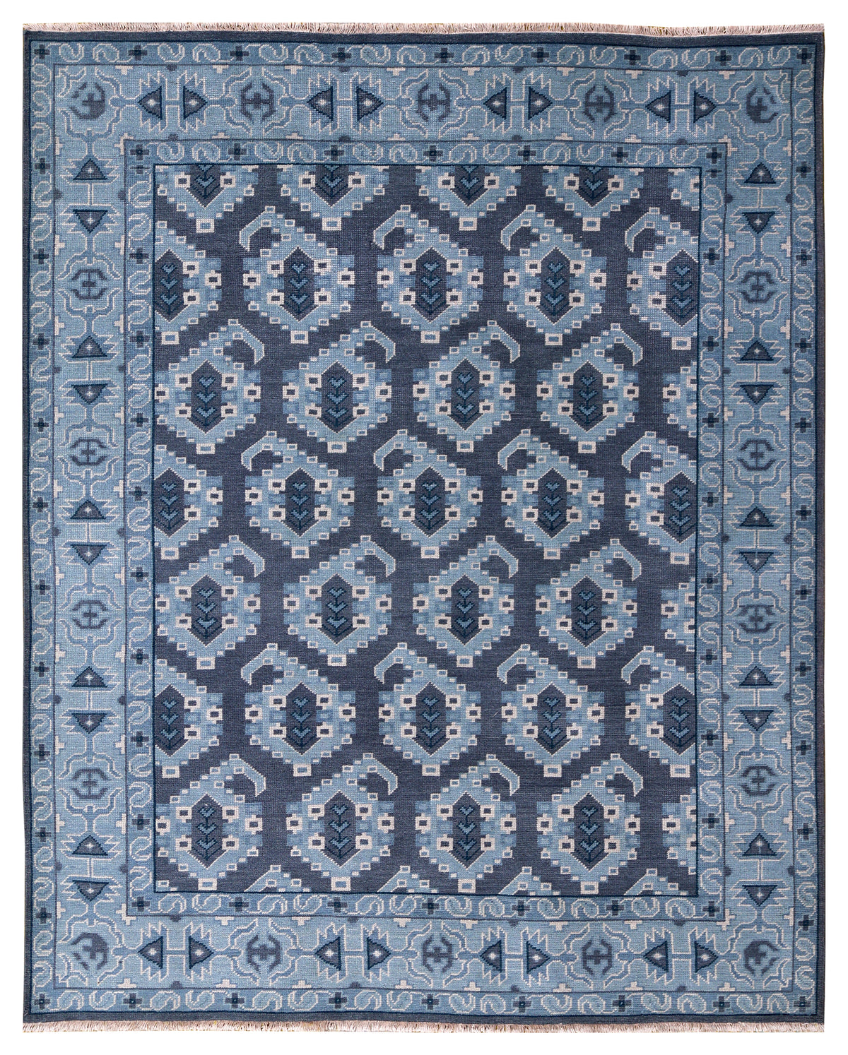 Navy Blue Geometric Khotan Hexagonal Trellis Wool Hand Knotted Traditional 8x10 Area Rug