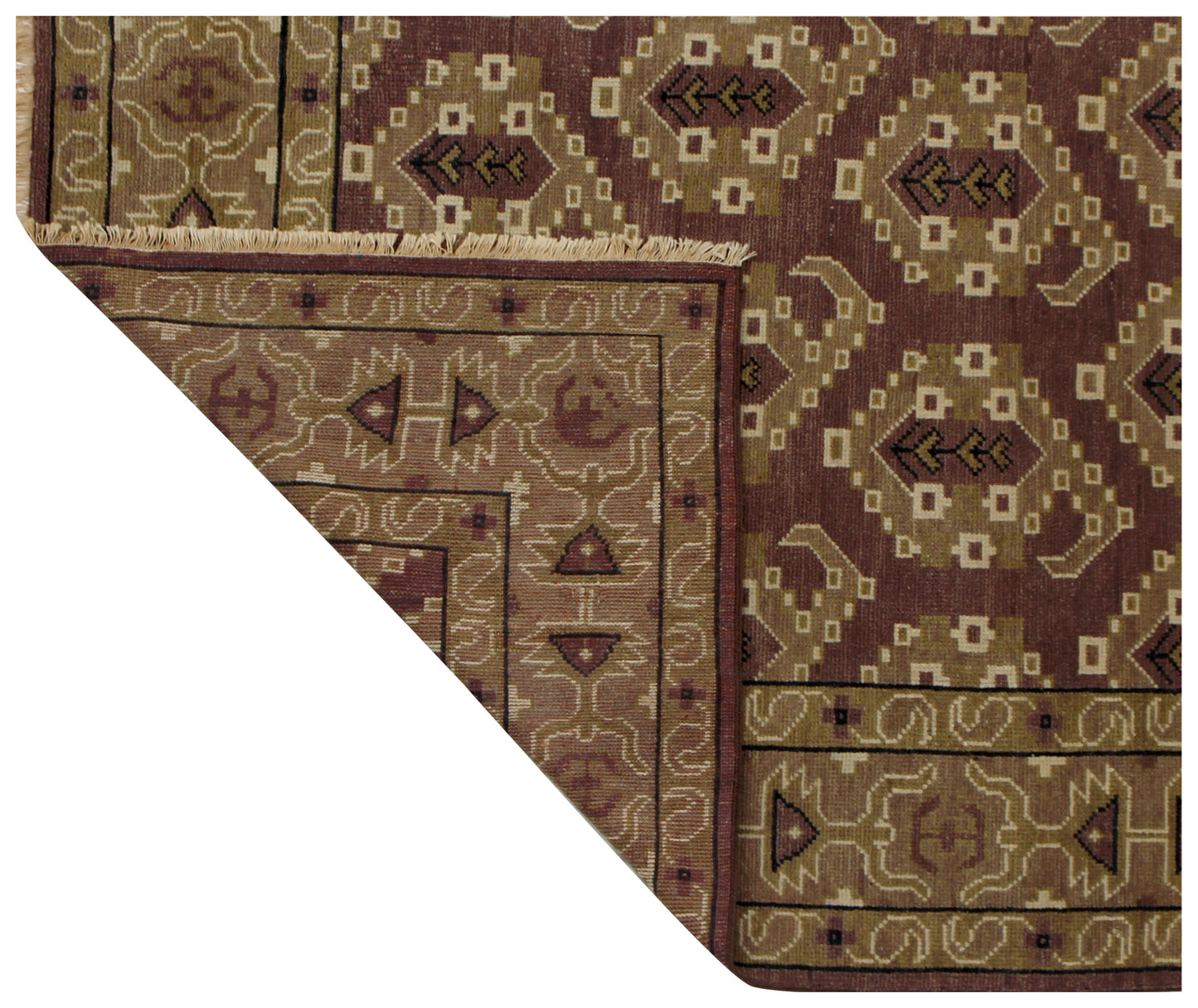 Beige Brown Gold 8x10 Hand Knotted Wool Area Rug - Vintage Antique Turkmen Bokhara Tribal