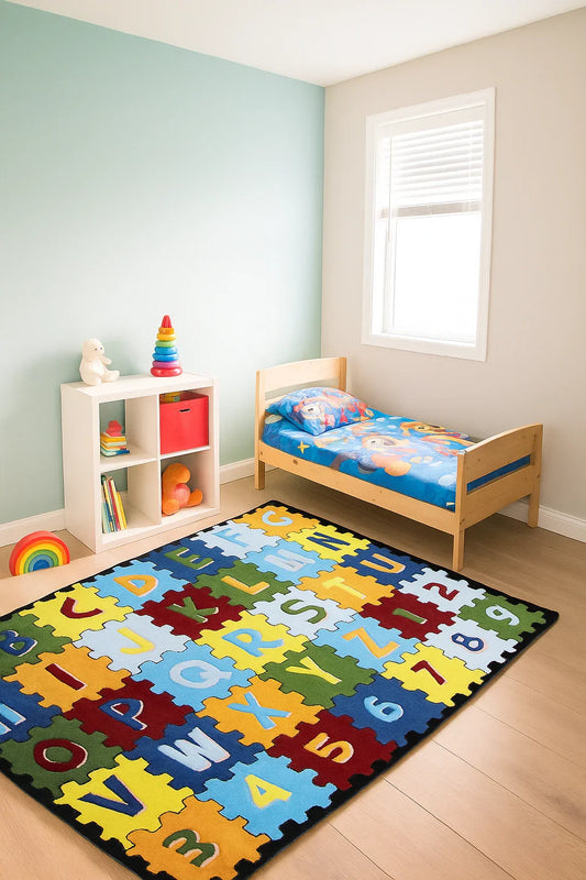 Hand Tufted Alphabet Puzzle Pieces Kids Rug - Educational Learning Rug