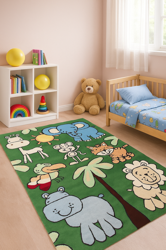 Hand Tufted Safari Animals Kids Rug - Educational Zoo Learning Rug for Nursery