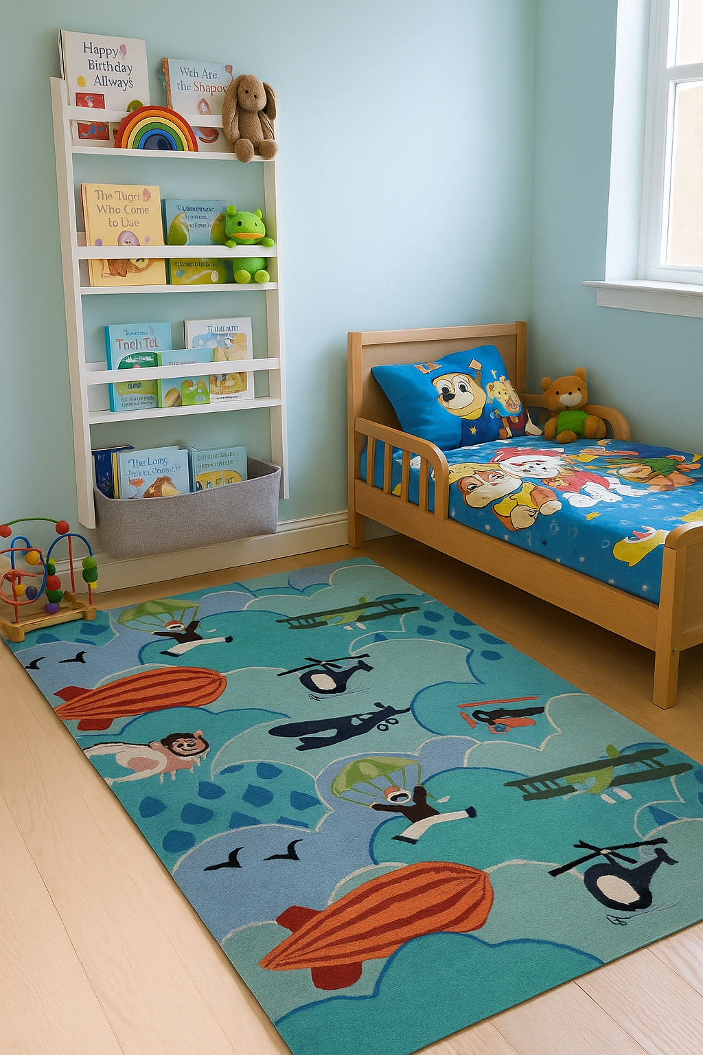 Airplane & Hot Air Balloon Kids Rug – Custom Teal Hand-Tufted Sky Adventure Play Mat