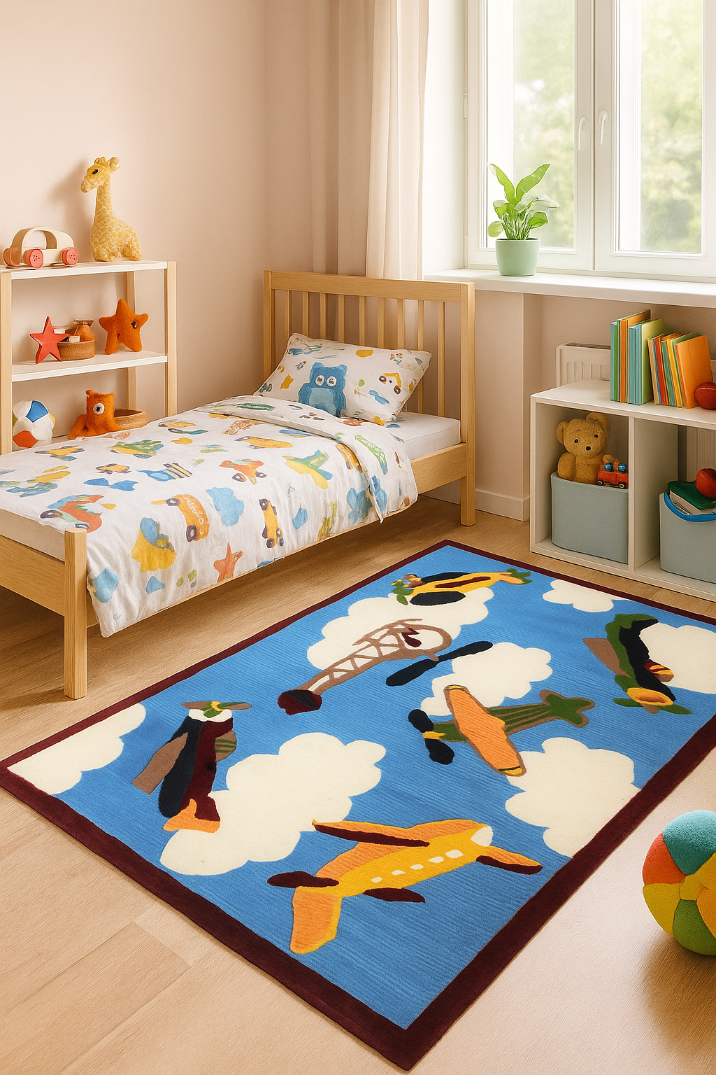 Playful Kids' Airplane Hand Tufted Custom made Area Rug - Blue Sky & Clouds