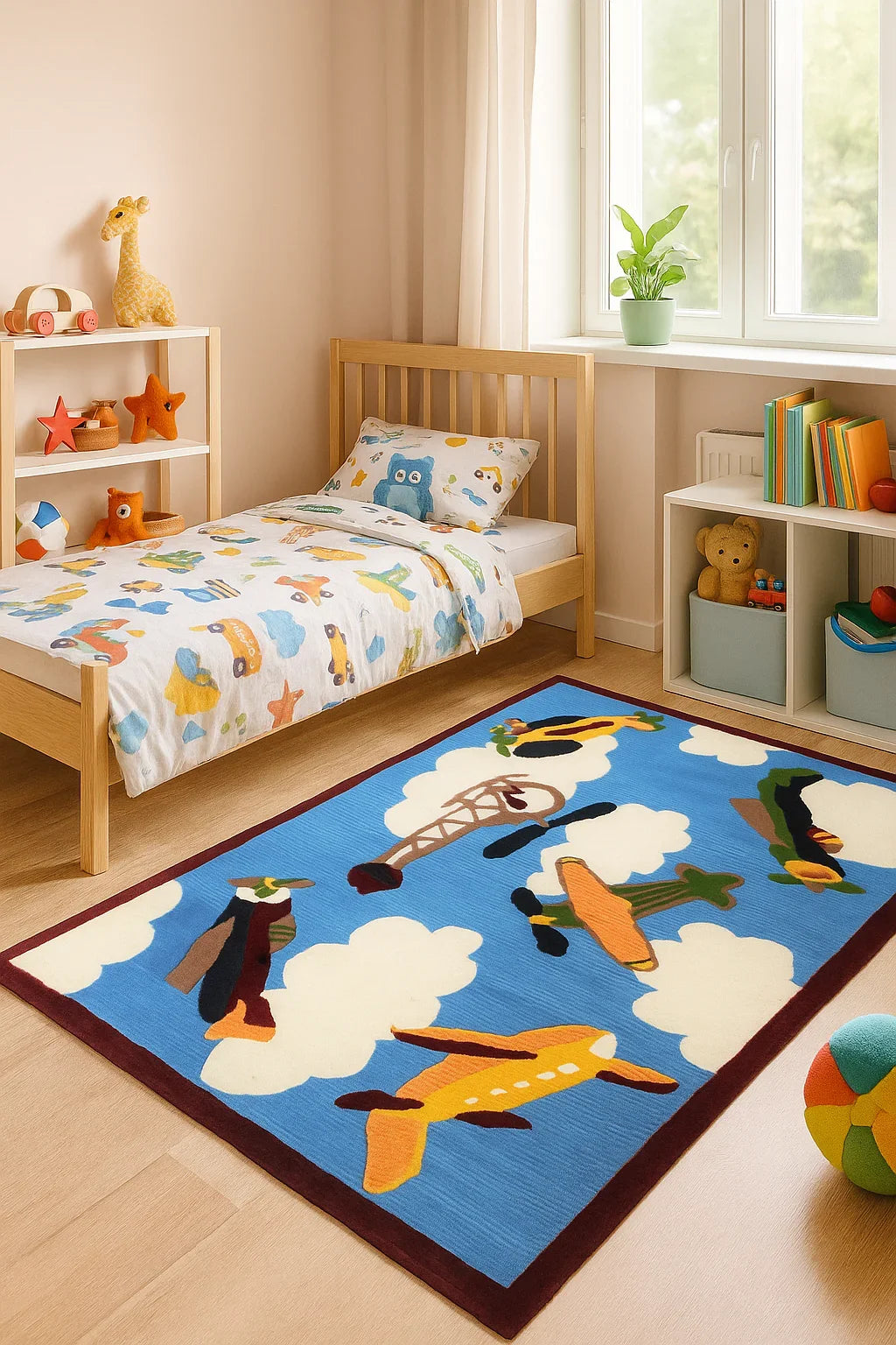 Playful Kids' Airplane Hand Tufted Custom made Area Rug - Blue Sky & Clouds.
