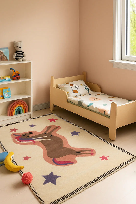 Hand Tufted Dancing Dog Kids Rug - Educational Animal Learning Rug for Nursery