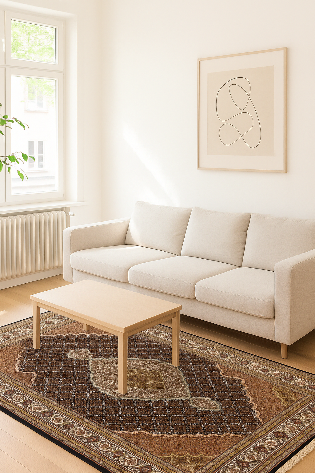 Traditional Heriz Fine Hand-Knotted Wool Rug 6x9 & 6x10 – Ivory, Brown, Rust & Gold Medallion Design.