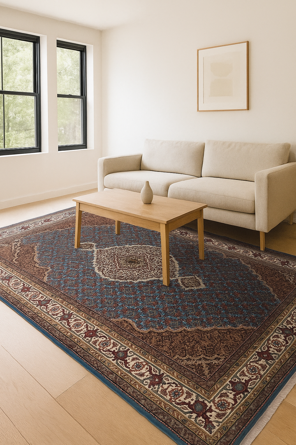 Traditional Heriz Fine Hand-Knotted Wool Rug 5x8 & 6x9 – Ivory, Blue, Rust & Brown Medallion Design.