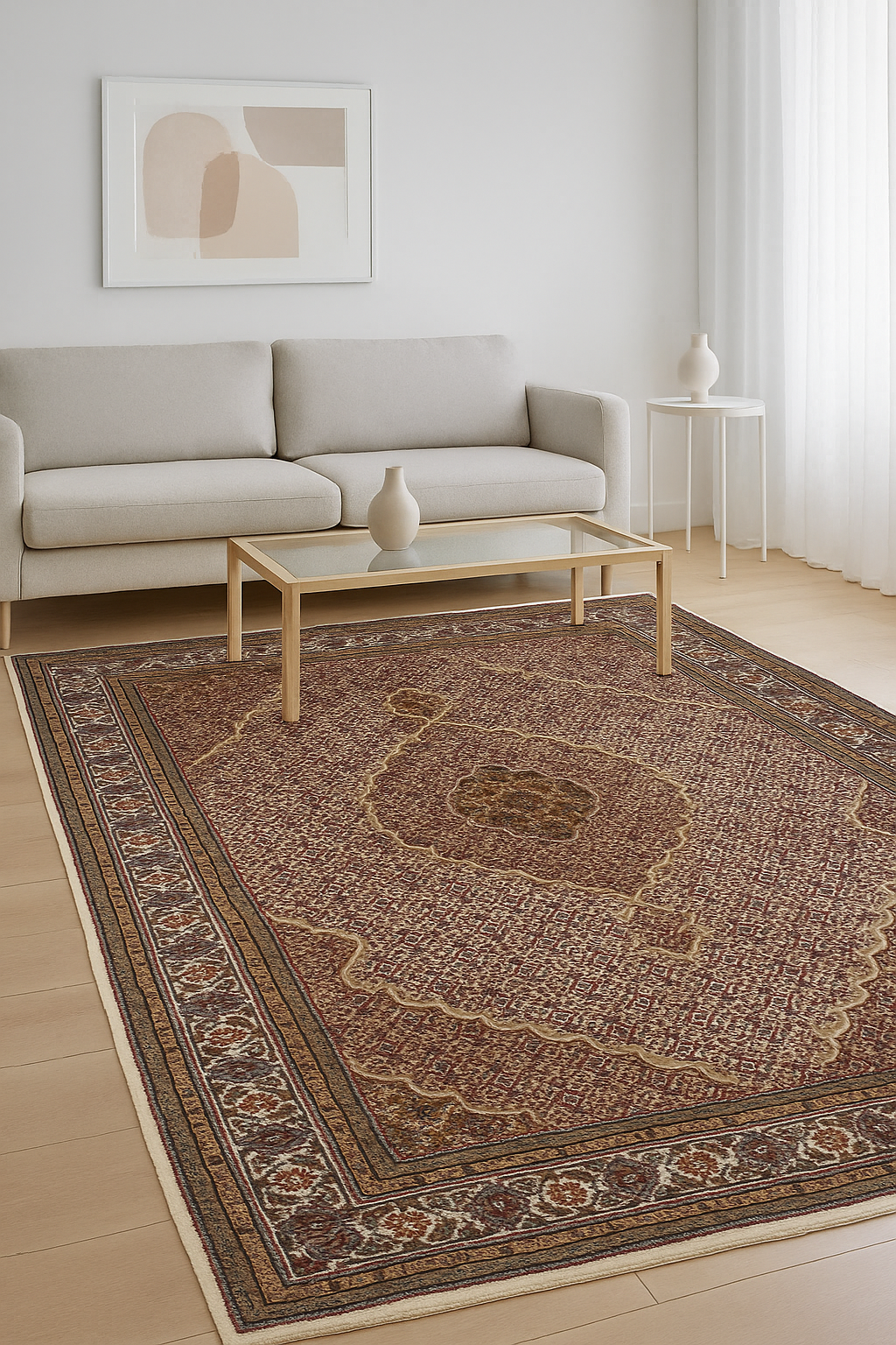 Brown, Ivory & Rust Fine Hand Knotted 6x9 Traditional Heriz Wool Rug.