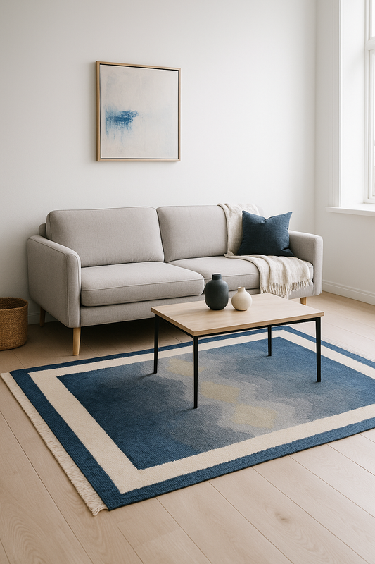 Hand Woven Wool Flatweave Rug - Blue Gradient Border Rug 4x5.10 Feet