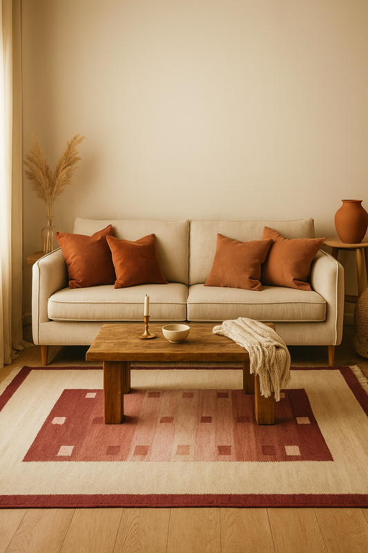 Hand Woven Wool Flatweave Rug - Red Gradient Border Area Rug 4x6.1 Feet