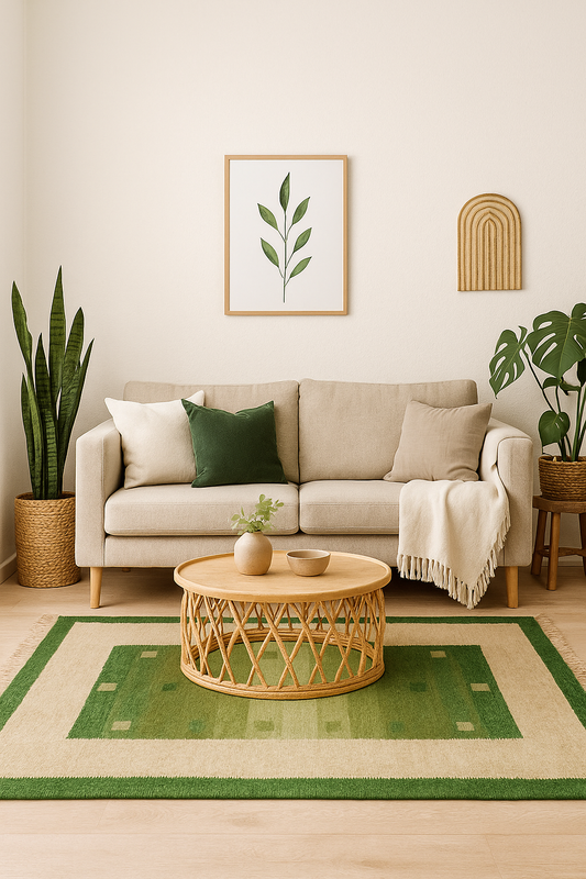 Hand Woven Wool Flatweave Rug - Green Gradient Border Area Rug 3.11x5.10 Feet