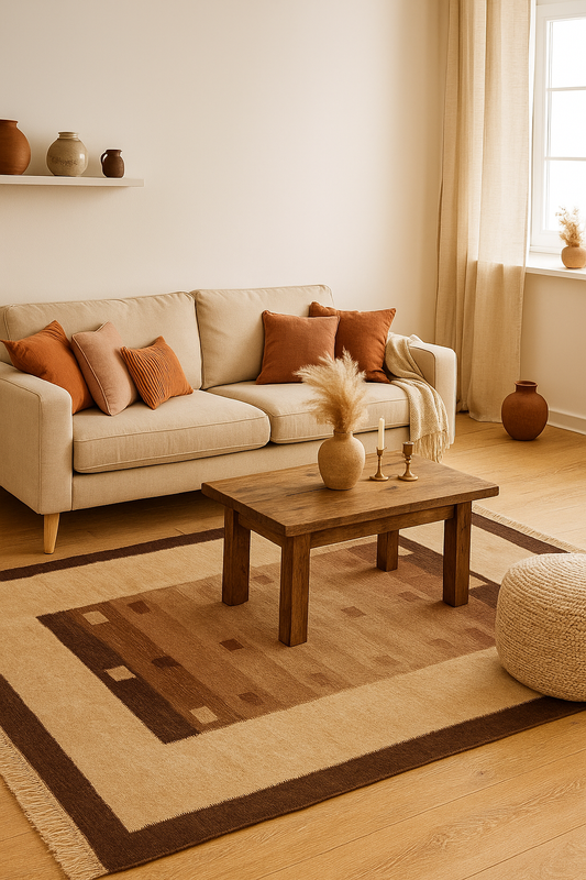 Hand Woven Wool Flatweave Rug - Brown Gradient Border Area Rug 4x6 Feet