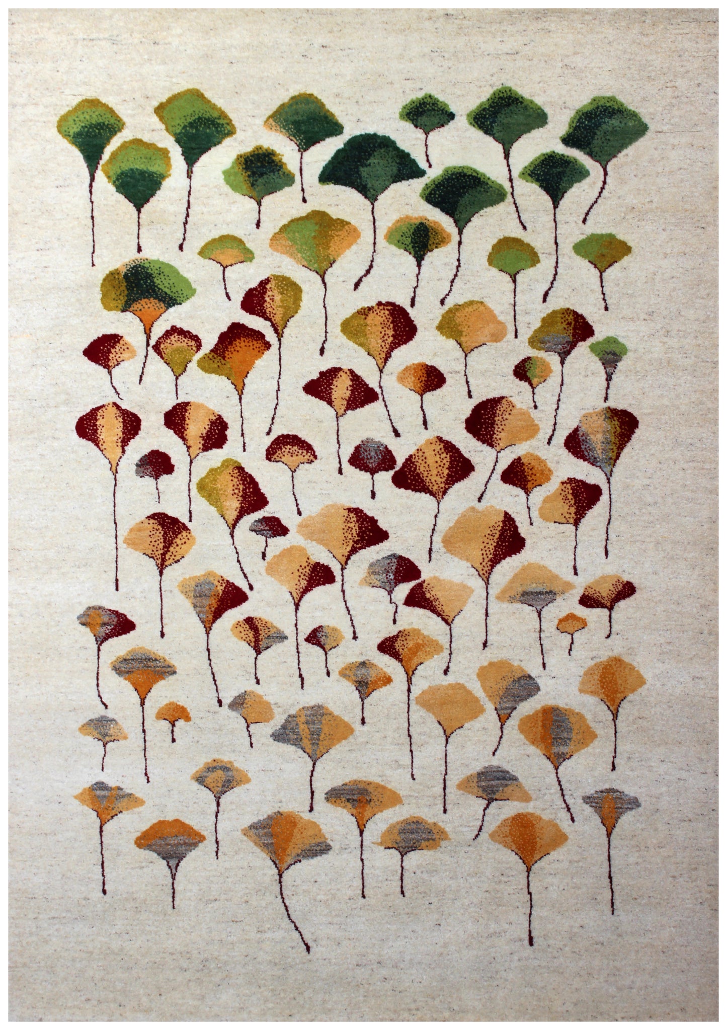 Hand Knotted Ginkgo Leaf Wool Rug 8x10 - Ivory, Green & Rust Multi