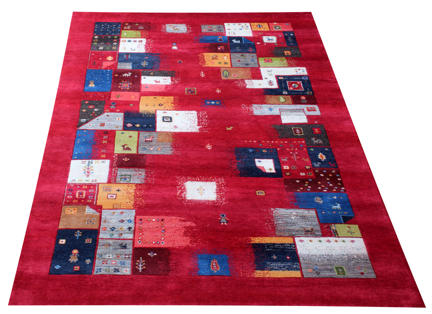 Red Vibrant Color Patchwork 5.6x8 Gabbeh Hand Knotted Area Rug