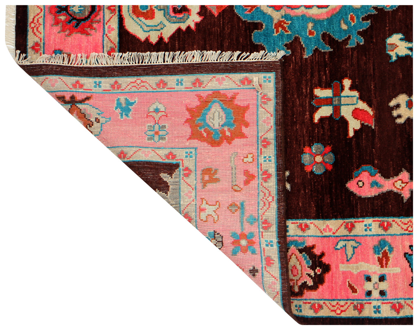 Vibrant Colorful Brown Pink 8x10 Wool Area Rug - Hand Knotted Vintage Antique Oriental Oushak