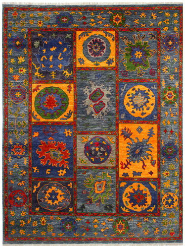 Contemporary Gabbeh Blue Orange 8x10 Hand Knotted Wool Area Rug - Vibrant Colorful Geometric