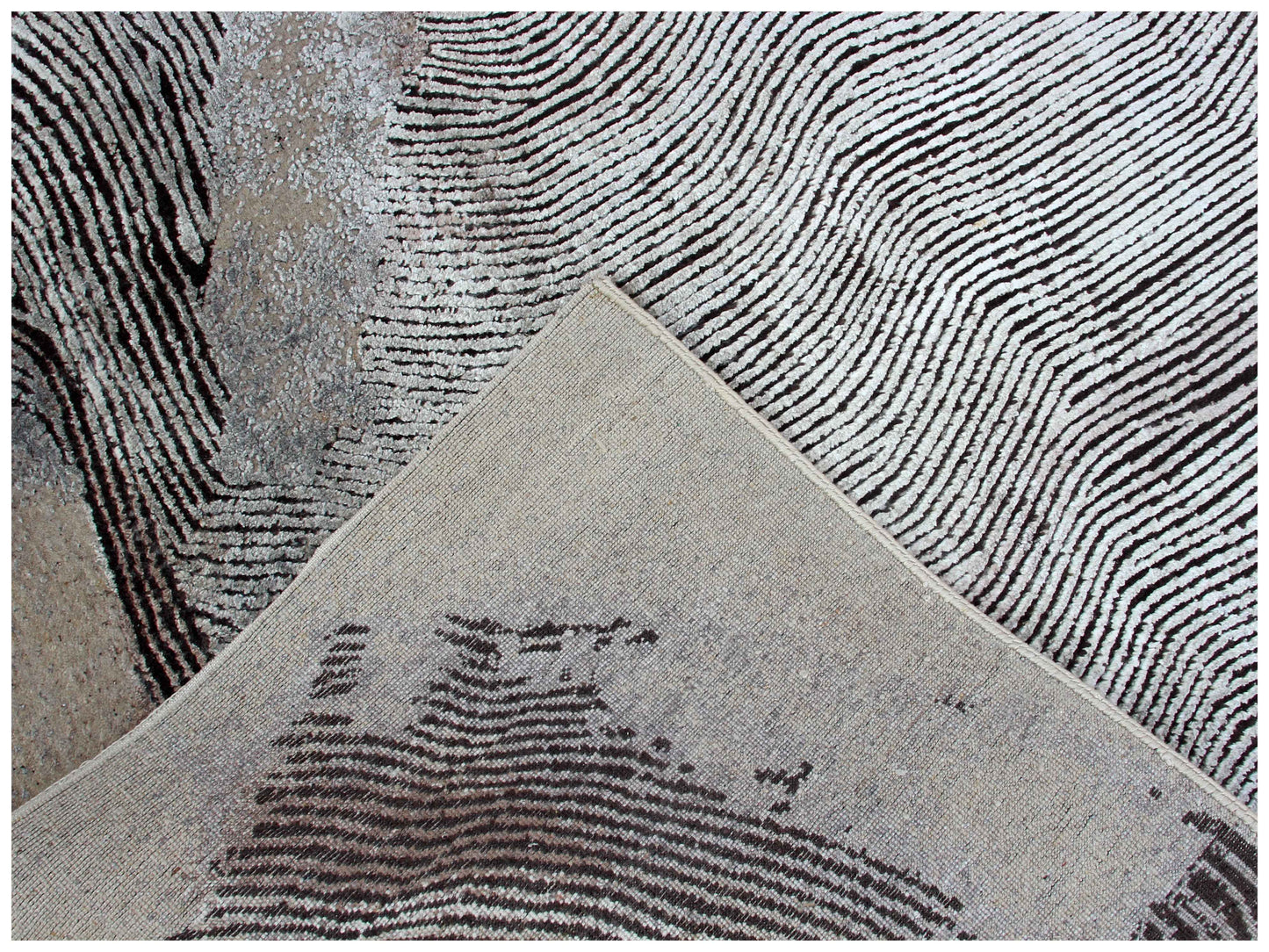 Sand Ivory Charcoal Wave Modern Stripes Hand Knotted Wool Viscose 85 KPSI 8x10 Area Rug