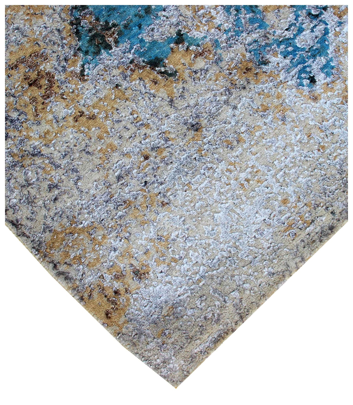 Weathered Fresco Ivory Teal Gold Modern Abstract Hand Knotted Wool Viscose 85 KPSI 8x10 Area Rug