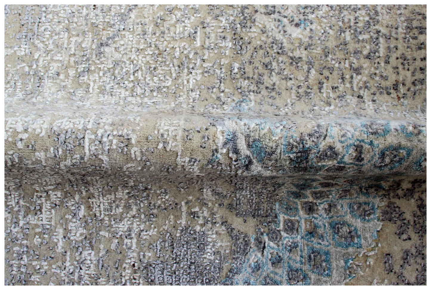 Light Grey Beige Teal Blue Floral Modern Abstract Distressed Hand Knotted Wool Viscose 85 KPSI 8x10 Area Rug