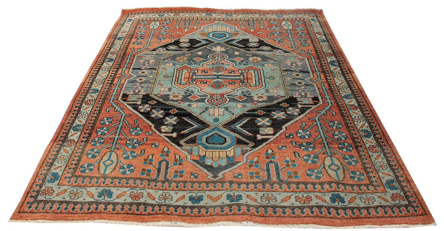 Vintage Antique Persian Heriz Rust Charcoal Turquoise 8x10 Hand Knotted Wool Area Rug