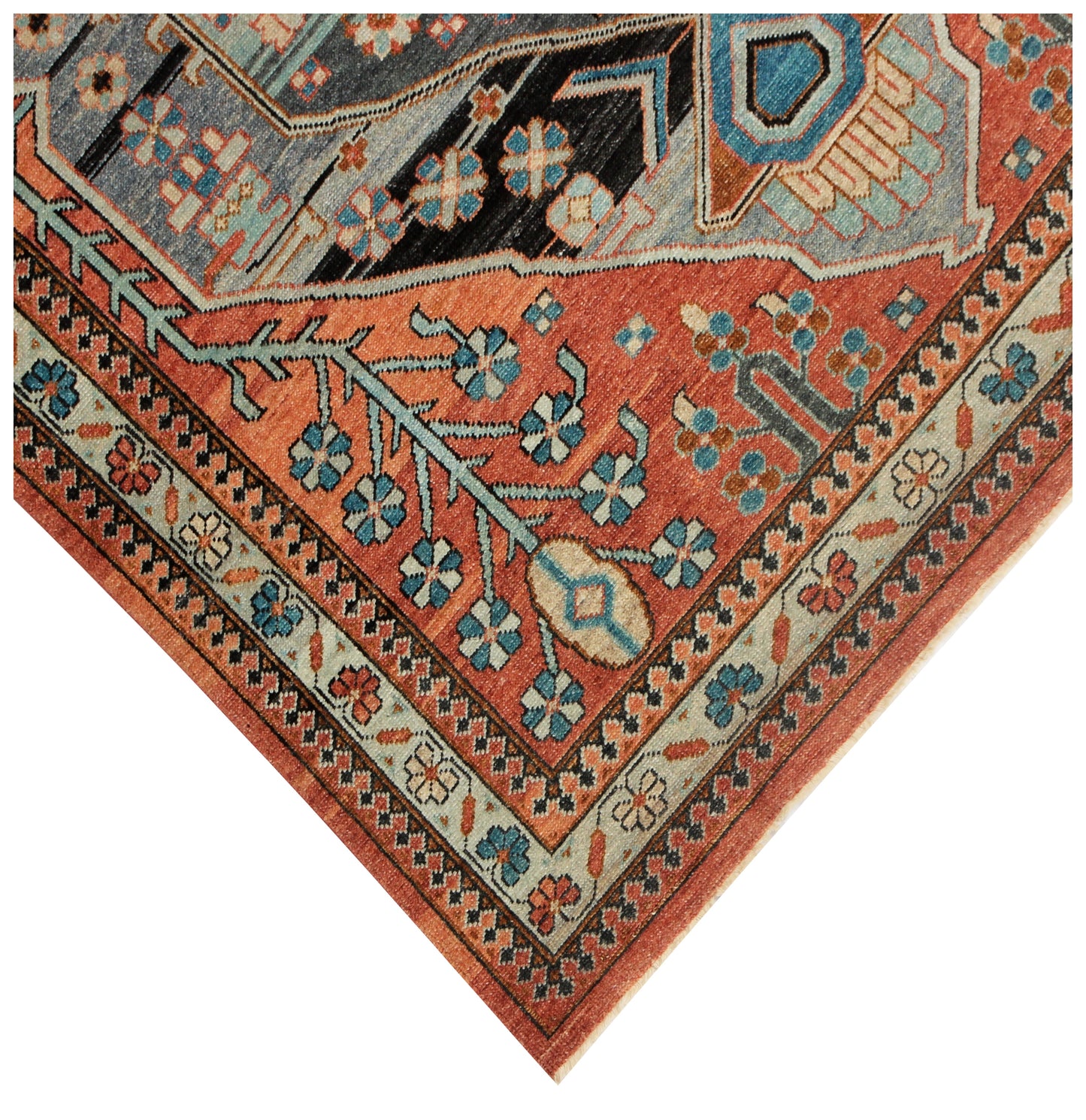 Vintage Antique Persian Heriz Rust Charcoal Turquoise 8x10 Hand Knotted Wool Area Rug