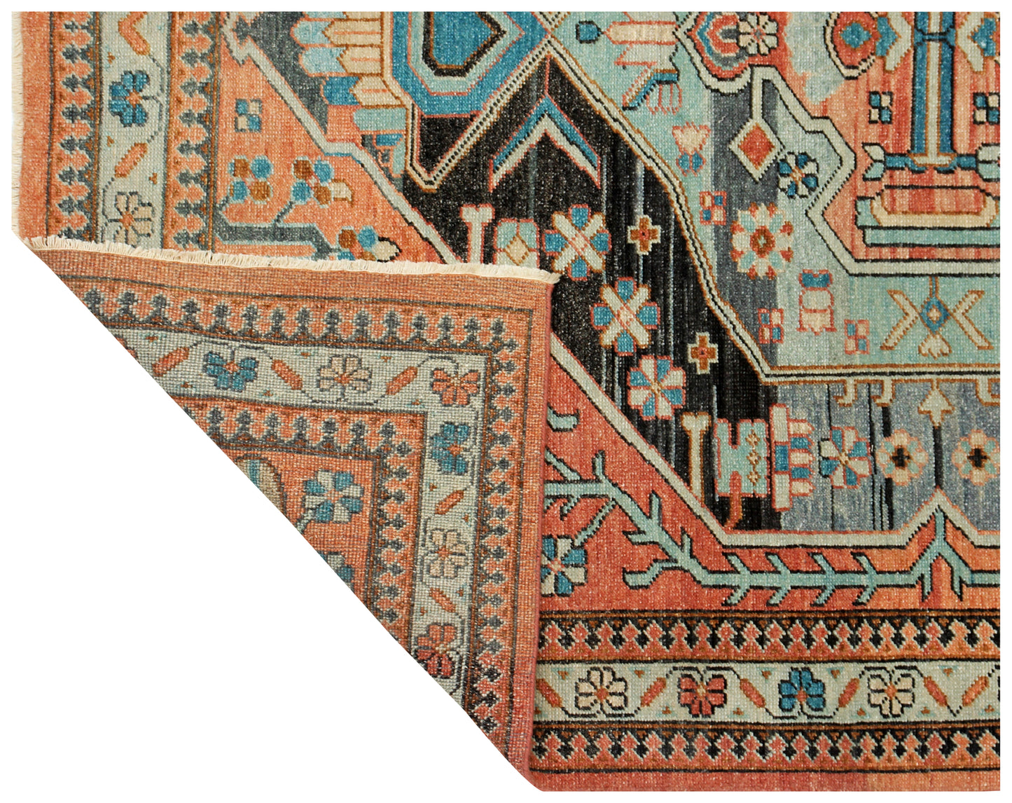 Vintage Antique Persian Heriz Rust Charcoal Turquoise 8x10 Hand Knotted Wool Area Rug