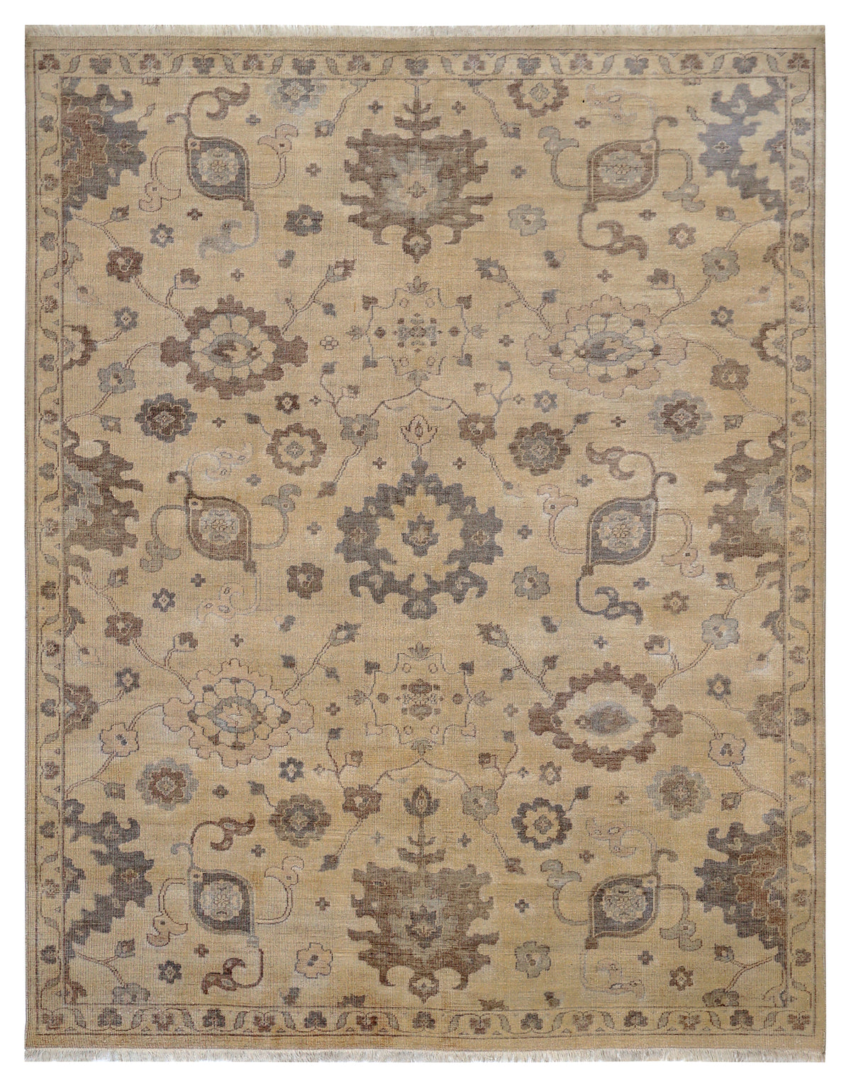 Ivory Brown Grey Oushak Floral Bamboo Silk Hand Knotted Oriental 8x10 Area Rug