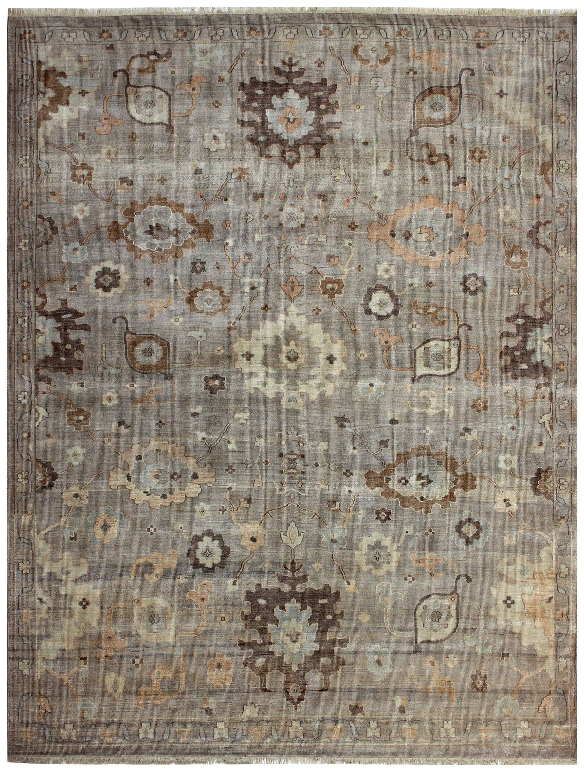 Silver Grey Oushak Large Floral Hand Knotted Wool Vintage Distressed Area Rug