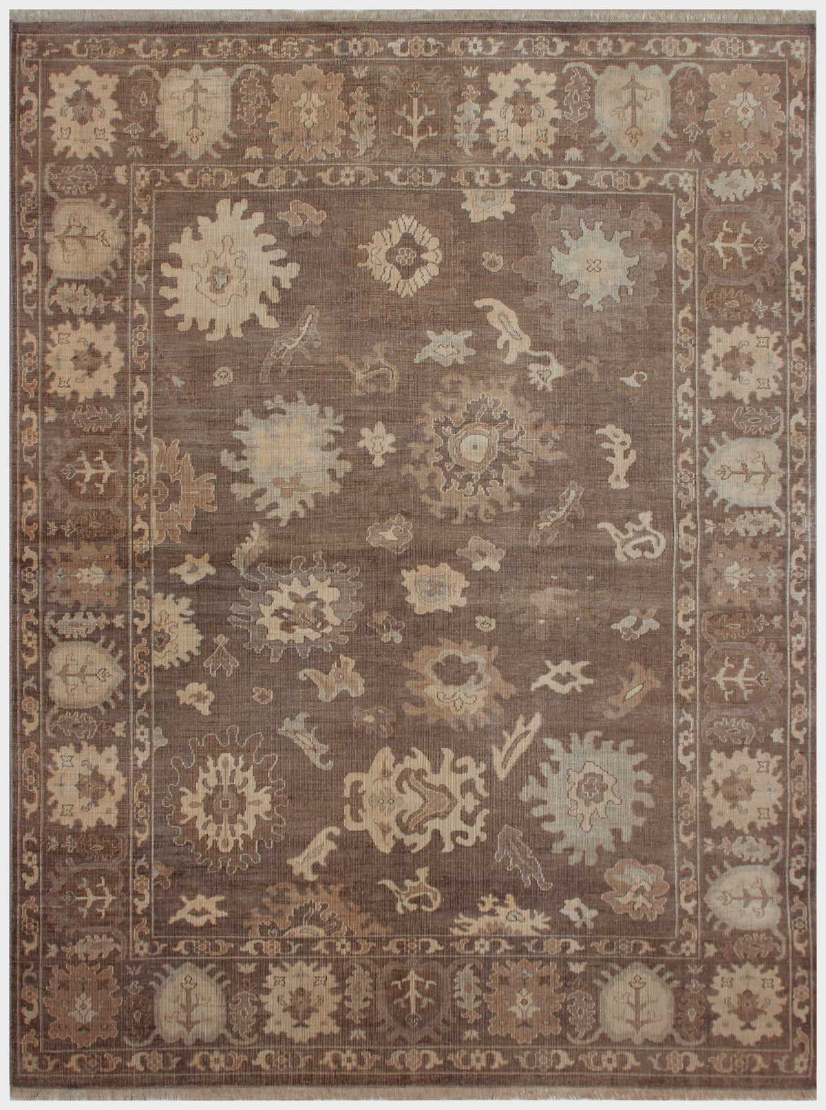 Dark Taupe Brown Oushak Sunburst Rosette Hand Knotted Wool Vintage Distressed Area Rug