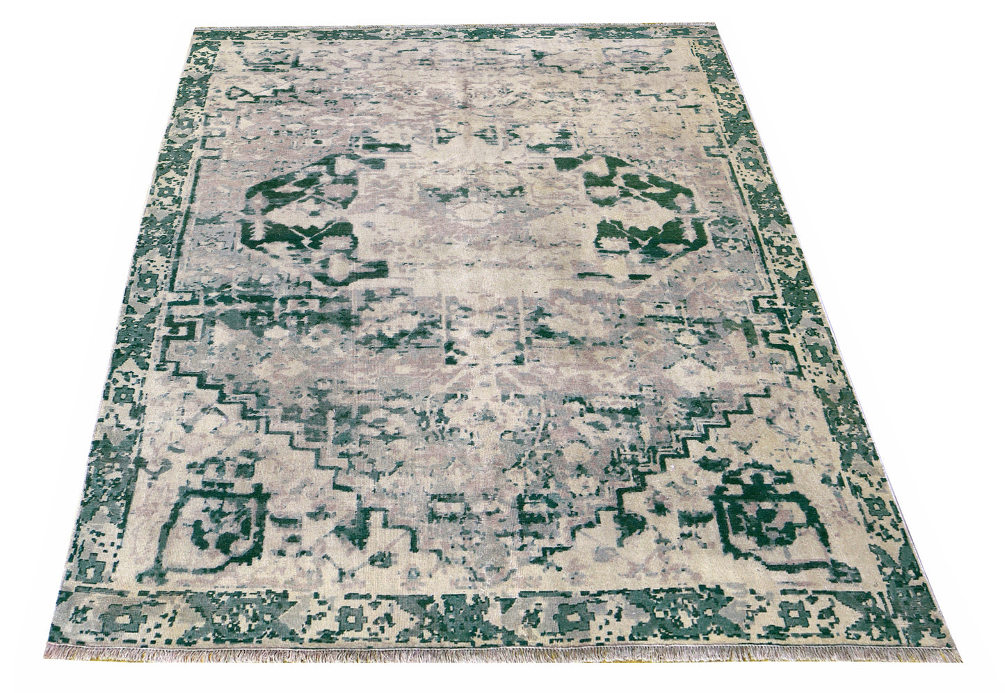 Emerald Green Beige Distressed Persian Medallion Wool Hand Knotted Vintage 8x10 Area Rug