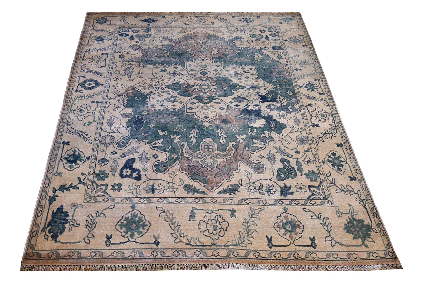 Beige Teal Green Heriz Floral Medallion Wool Hand Knotted Antique Vintage 8x10 Area Rug