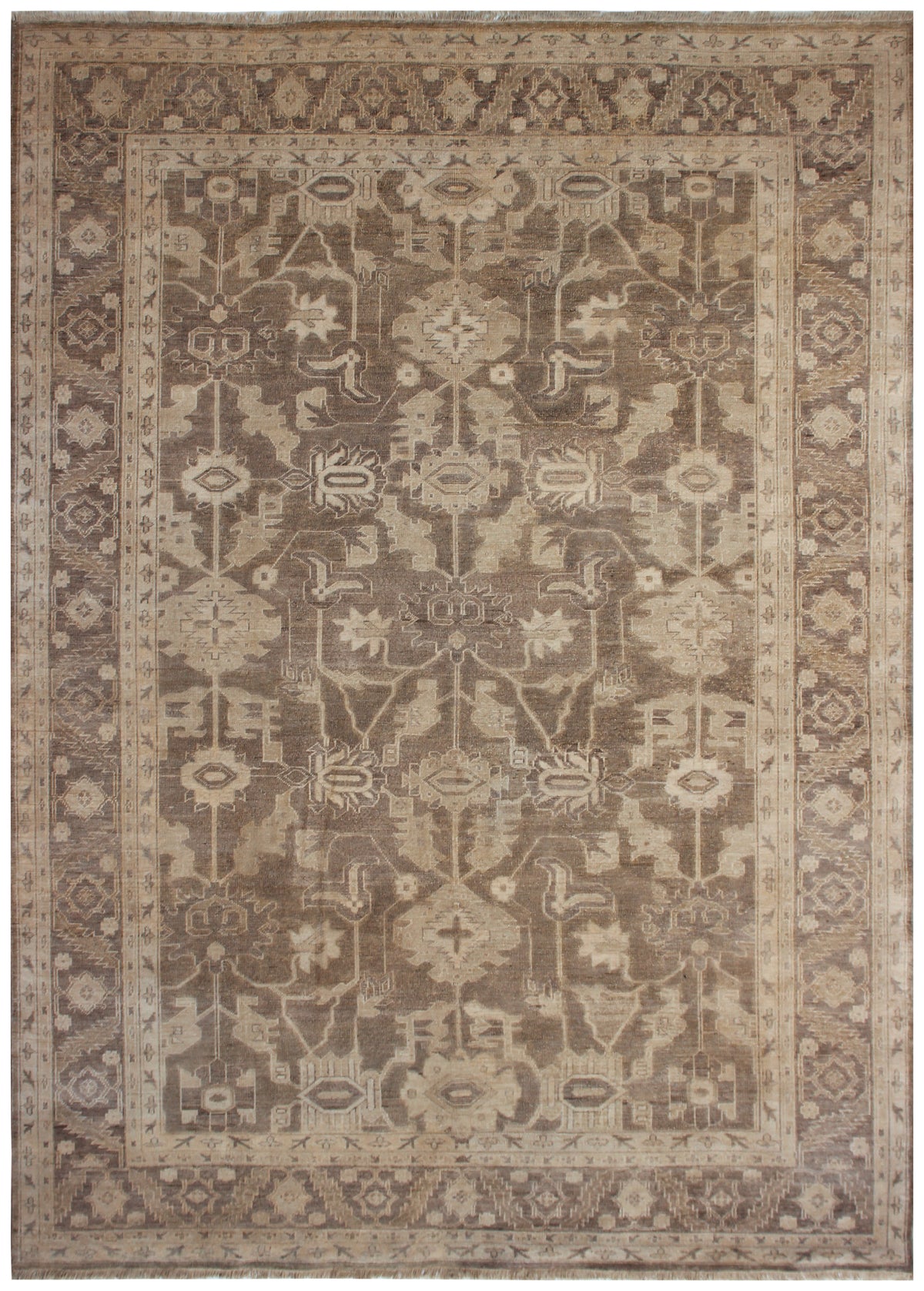 Antique Oushak Geometric Floral Lattice in Mocha Brown Hand Knotted Wool Area Rug