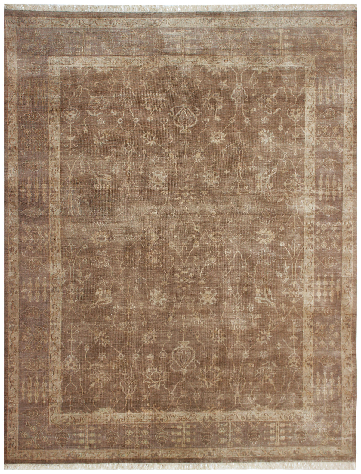 Tone on Tone Ziegler Oushak Vine Botanical Chocolate Brown Hand Knotted Wool Antique Area Rug