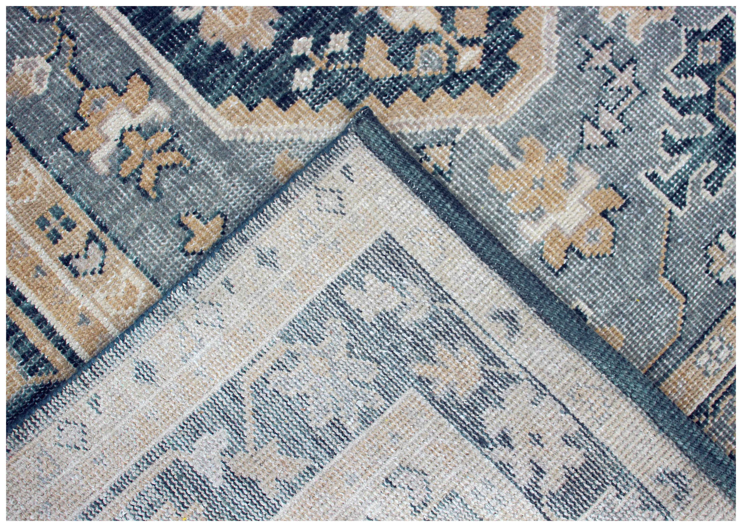 Navy Denim Ivory Taupe Gold Oushak Medallion Hand Knotted Wool 8x10 Bhadohi Area Rug