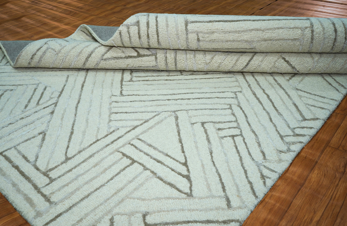 Ivory Brown Silver Abstract Geometric Chevron Lines Hand Tufted Wool Viscose Rug Cut Pile Contemporary 2x3 to 12x15