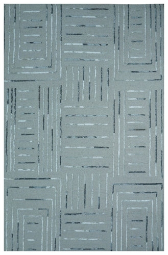 Teal Blue Abstract Geometric Lines Panel Hand Tufted Wool Viscose Area Rug - Cut Pile Contemporary Custom Sizes