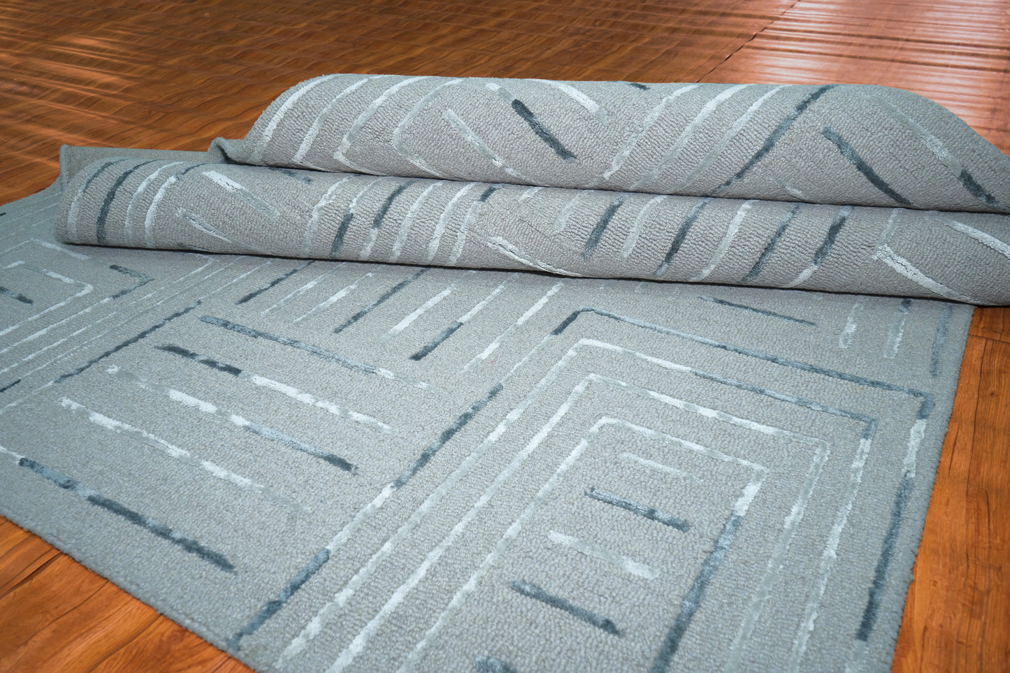 Teal Blue Abstract Geometric Lines Panel Hand Tufted Wool Viscose Area Rug - Cut Pile Contemporary Custom Sizes