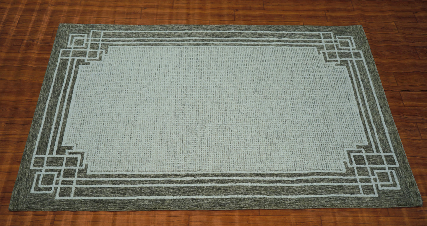 Greek Key Border Hand Tufted Wool Area Rug - Mint Green Grey Cut Pile Geometric Custom Sizes