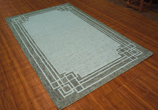 Greek Key Border Hand Tufted Wool Area Rug - Mint Green Grey Cut Pile Geometric Custom Sizes