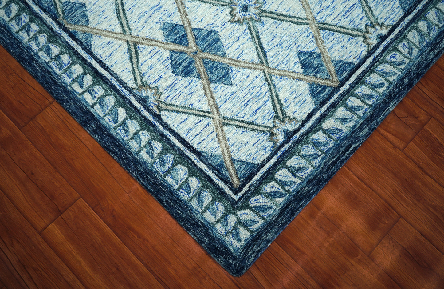 Blue Teal Diamond Trellis Floral Border Hand Tufted Wool Area Rug - Cut Pile Geometric Custom Sizes